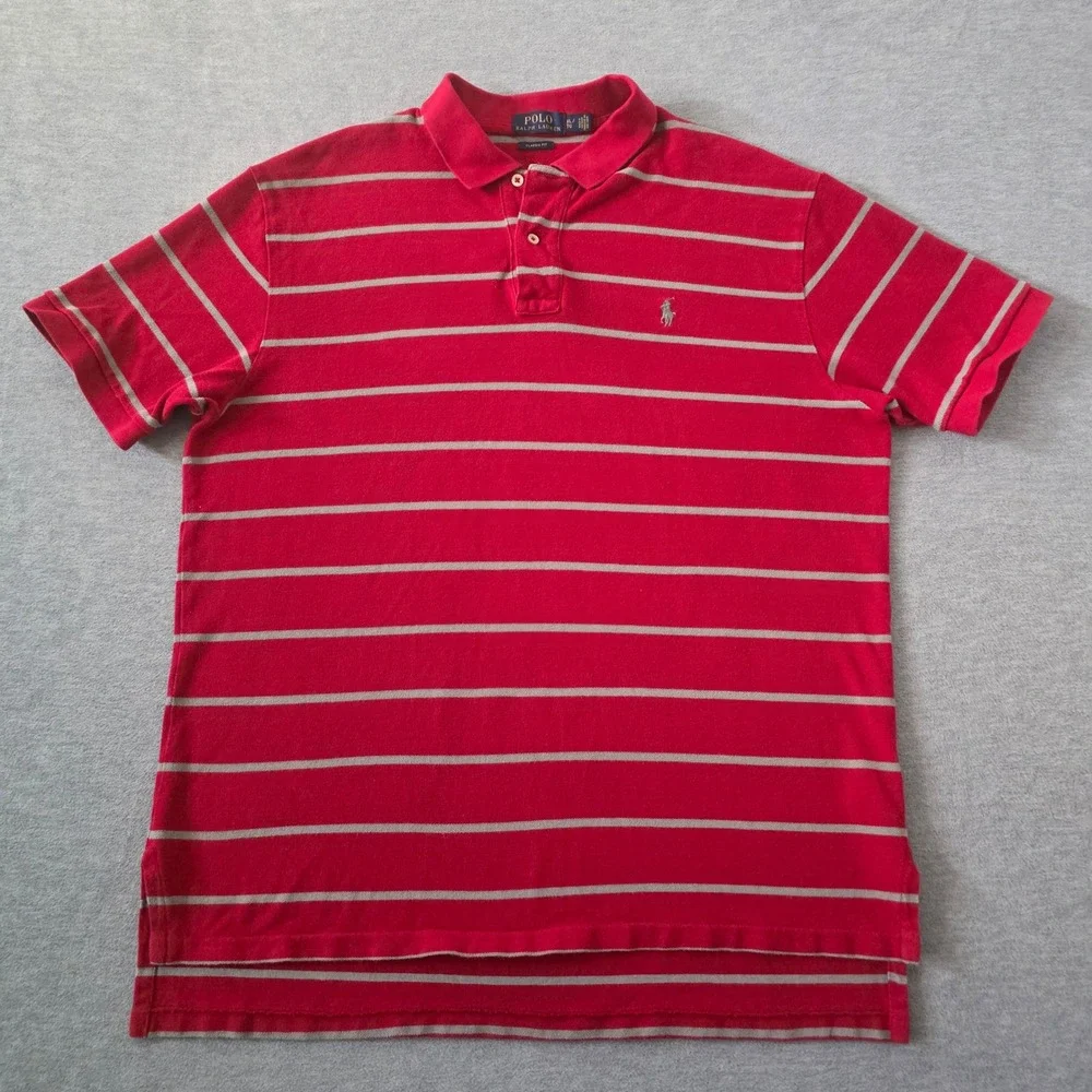 Polo Ralph Lauren Mens XL Classic Fit Striped Polo Shirt Red Grey Short Sleeve - Picture 2 of 8